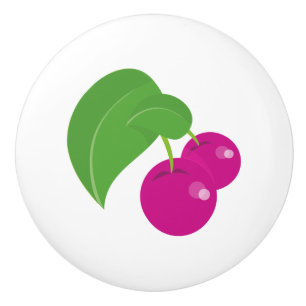 Bouton De Porte En Céramique Cerises, Feuilles, tiges, fruits - vert rose