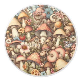 Bouton De Porte En Céramique Champignons Vintage et Fleurs Cottage Core