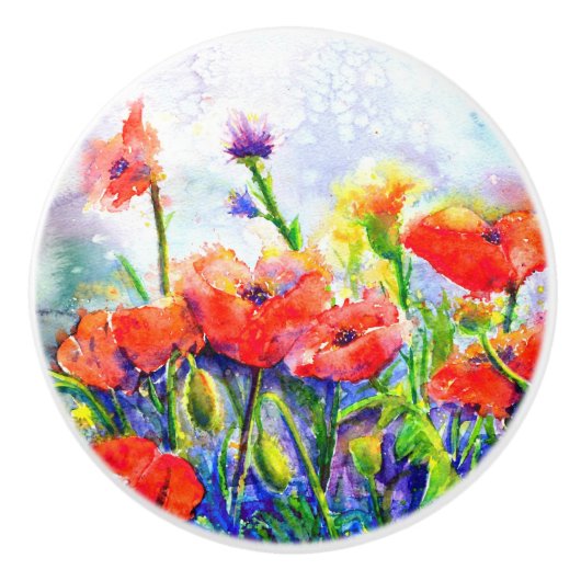Bouton De Porte En Céramique Champs de pavot (Devant)