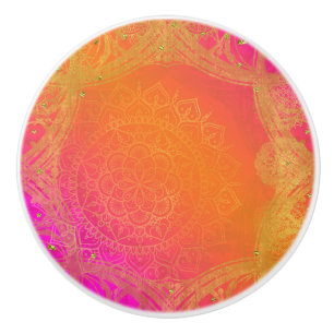 Bouton De Porte En Céramique Charme indien rose fuchsia de mandala d'orange et