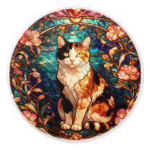Chat Calico de Style Art Nouveau en Verre Coloré