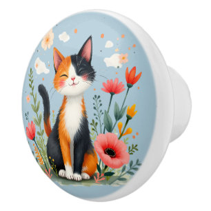 Bouton De Porte En Céramique Chat Calico souriant dans le jardin fleuri