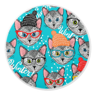 Bouton De Porte En Céramique Chat dans le casquette