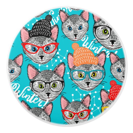 Bouton De Porte En Céramique Chat dans le casquette (Devant)