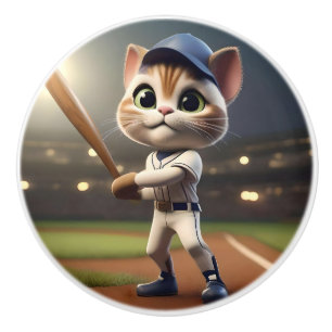 Bouton De Porte En Céramique Chat De Baseball Habillé Prêt À Jouer,