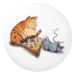 Bouton De Porte En Céramique Chat et souris Jouer aux échecs Dessin amusant 