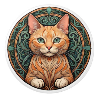 Bouton De Porte En Céramique Chat Ginger Art Nouveau