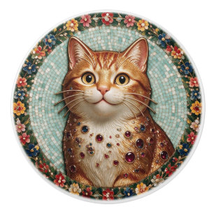 Bouton De Porte En Céramique Chat mosaïque floral tabby orange heureux