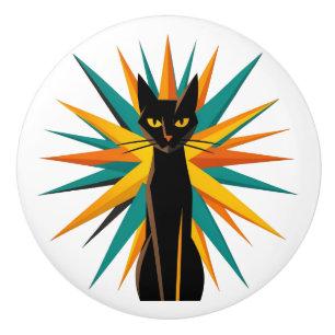 Bouton De Porte En Céramique Chat noir Art Déco en éventail orange et sarcelle