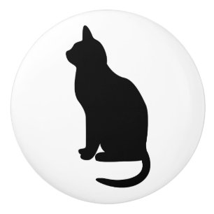 Bouton De Porte En Céramique Chat noir assis tourné vers la gauche