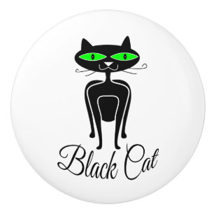 Bouton De Porte En Céramique Chat noir aux yeux verts