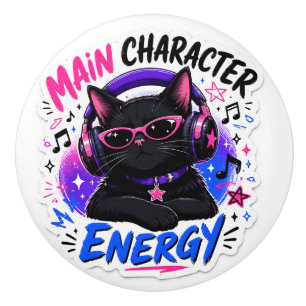 Bouton De Porte En Céramique Chat Noir Cool avec Casque Principal Ener