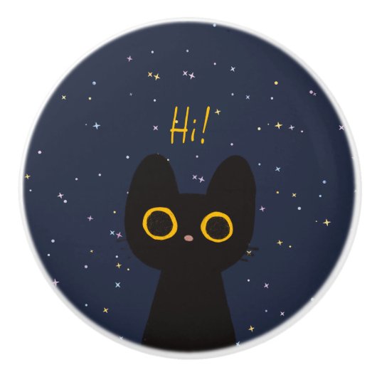 Bouton De Porte En Céramique Chat noir mignon (Devant)