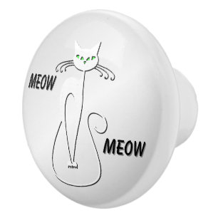 Bouton De Porte En Céramique Chat noir Slinky Miaou Yeux verts sur argent