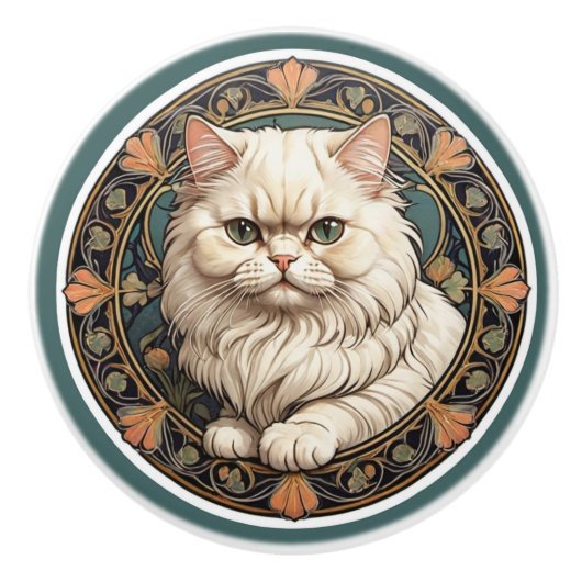 Bouton De Porte En Céramique Chat Perse Art Nouveau (Devant)