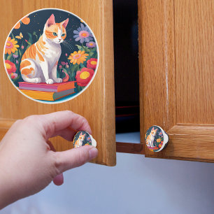 Bouton De Porte En Céramique Chat sur livres