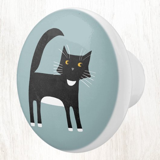 Bouton De Porte En Céramique Chat Tuxedo noir et blanc