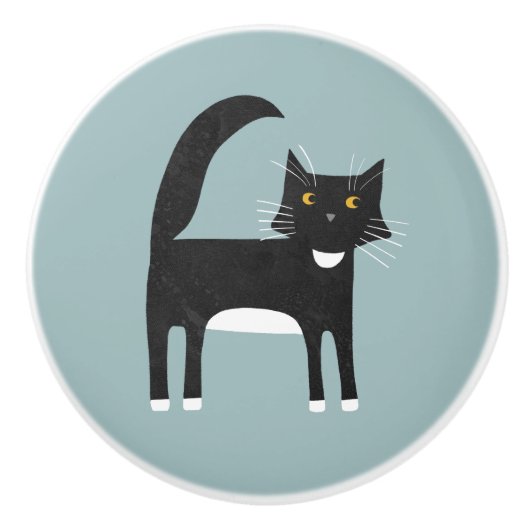 Bouton De Porte En Céramique Chat Tuxedo noir et blanc (Devant)