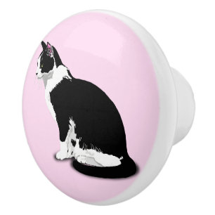 Bouton De Porte En Céramique Chat Tuxedo noir et blanc personnalisé