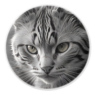 Bouton De Porte En Céramique Chaton noir et blanc visage