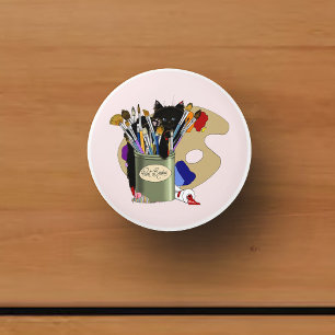 Bouton De Porte En Céramique Chaton noir Pinceau Pot Jar Artiste Chat Rose