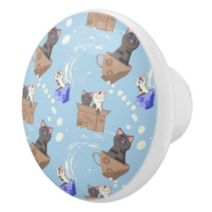 Bouton De Porte En Céramique Chats en boîte et gouttes de lait sur bleu