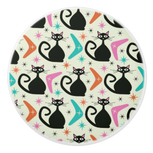 Bouton De Porte En Céramique Chats noirs atomiques du milieu du siècle avec boo