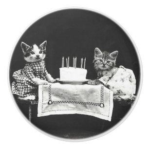 Bouton De Porte En Céramique Chats vintages à une fête d'anniversaire