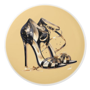 Bouton De Porte En Céramique Chaussures à talons aiguilles noires et dorées à l