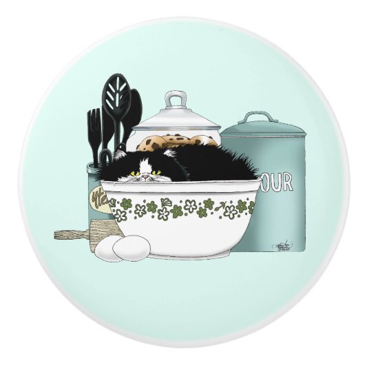 Bouton De Porte En Céramique Chef pâtissier Chat Bleu (Devant)