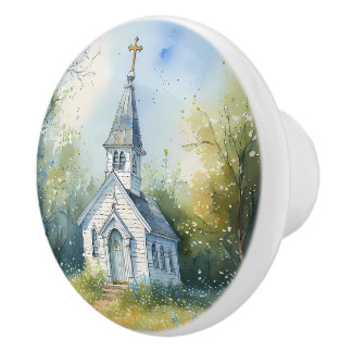 Bouton De Porte En Céramique Chemin rustique d'église dans une prairie de fleur