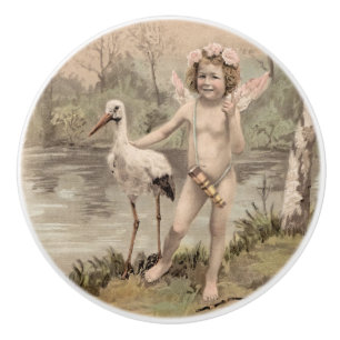 Bouton De Porte En Céramique Cherub vintage avec cigogne près du lac
