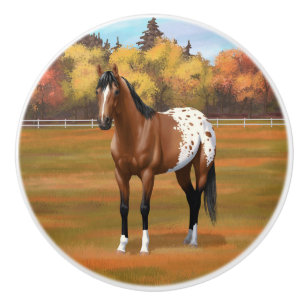 Bouton De Porte En Céramique Cheval Appaloosa de la Baie Brown dans les pâturag