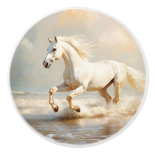 Bouton De Porte En Céramique Cheval blanc courant sur la plage