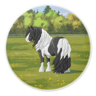 Bouton De Porte En Céramique Cheval d'équipage du Pinto noir Piebald Gypsy Vann
