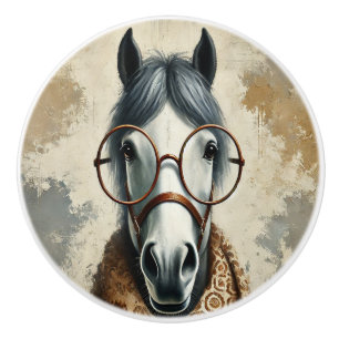 Bouton De Porte En Céramique Cheval élégant avec lunettes - Art Vintage amusant