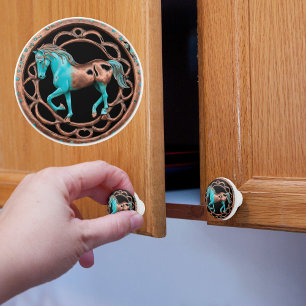 Bouton De Porte En Céramique Cheval en cuivre et turquoise sur fond noir