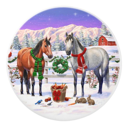 Bouton De Porte En Céramique Chevaux de Noël en neige (Devant)