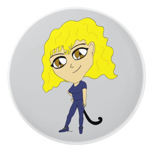 Bouton De Porte En Céramique Chibi avec un chat comme une queue (Devant)