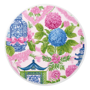 Bouton De Porte En Céramique Chic Chinoiserie Hydrangea Pagode Mahjong