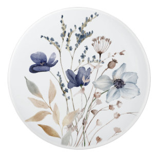 Bouton De Porte En Céramique Chic Elegant Aquarelle Marine Fleur Bleu Floral