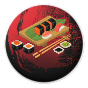 Bouton De Porte En Céramique Chic Élégant Moderne Sushi Noir & Rouge