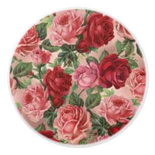 Bouton De Porte En Céramique Chic Elegant Vintage Rose Rouge Roses Floral