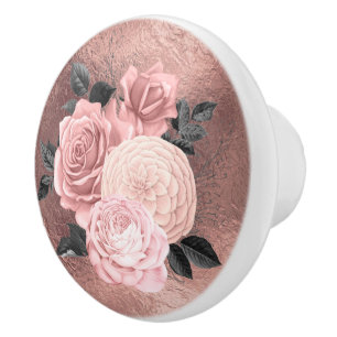 Bouton De Porte En Céramique Chic Floral Rose or rose