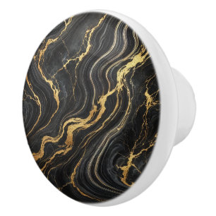 Bouton De Porte En Céramique Chic noir et or métallisé Marbre Look Glamour
