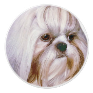 Bouton De Porte En Céramique Chien Brindle et blanc de Shih Tzu