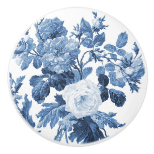 Bouton De Porte En Céramique Chinoiserie Anglais Rose Floral Delft Bleu Blanc