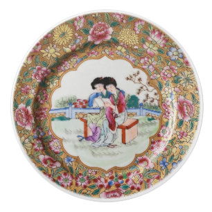 Bouton De Porte En Céramique Chinoiserie Famille Rose or floral Court Dames
