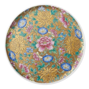 Bouton De Porte En Céramique Chinoiserie Fleurs Millefleur Or Céramique