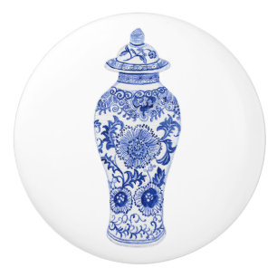 Bouton De Porte En Céramique Chinoiserie Floral Bleu Blanc Vintage Gingembre Ja